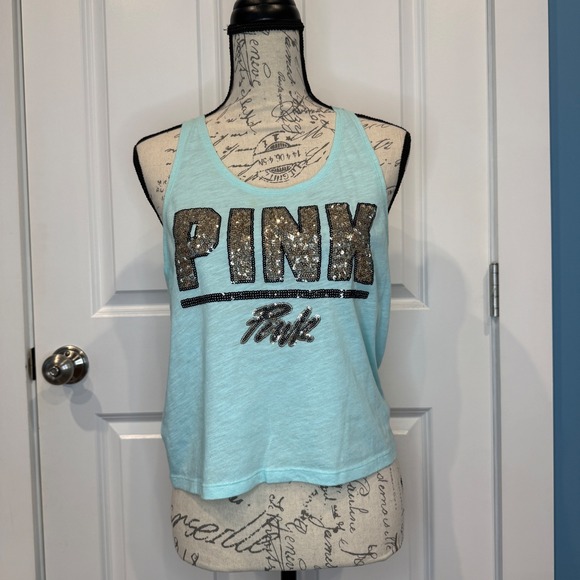 PINK Victoria's Secret Tops - PINK Victoria's Secret Sequins Graphic Tank Top Aqua Blue Racerback Size XS